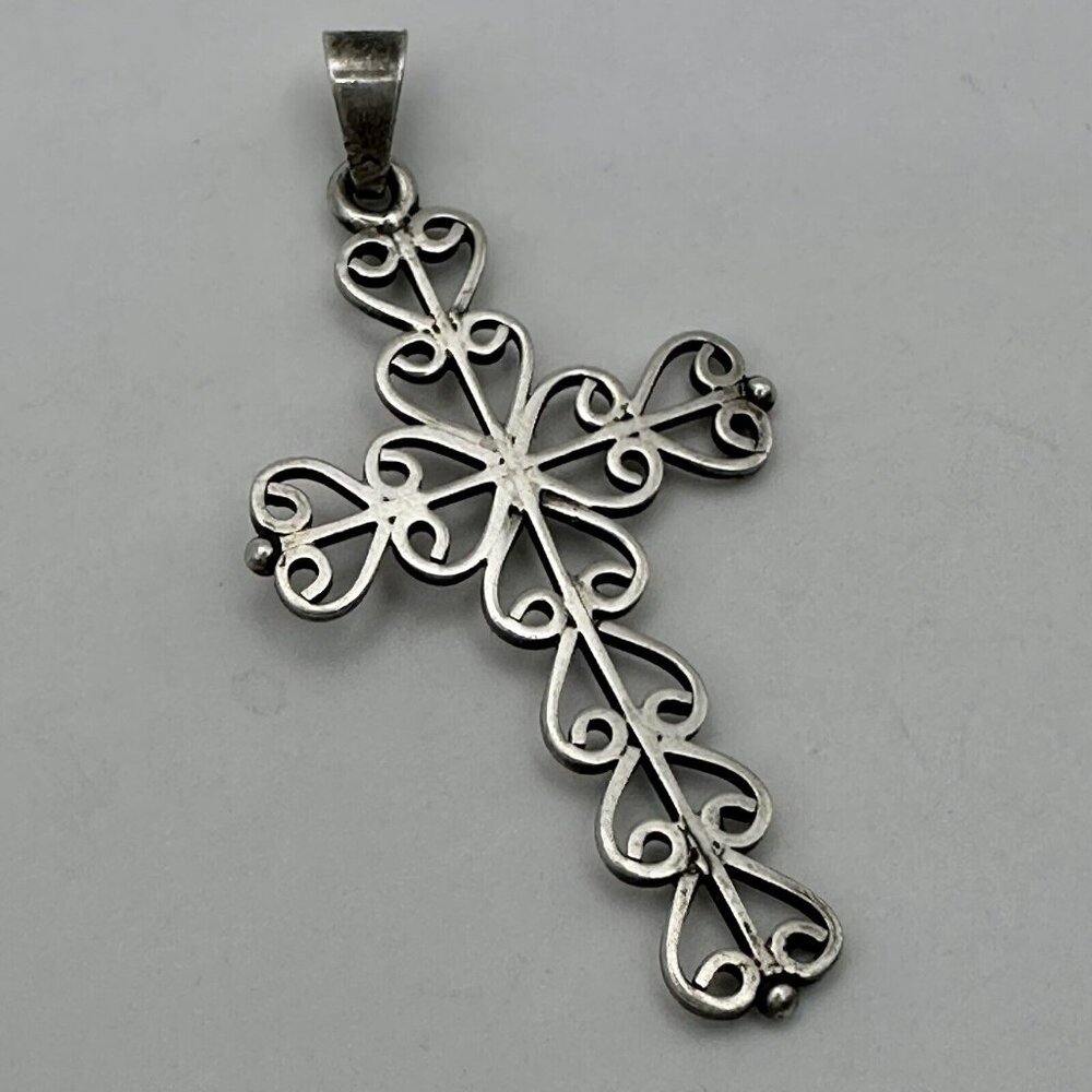 Scrolled Hearts Cross Pendant Signed David 925 Handcrafted Sterling Silver